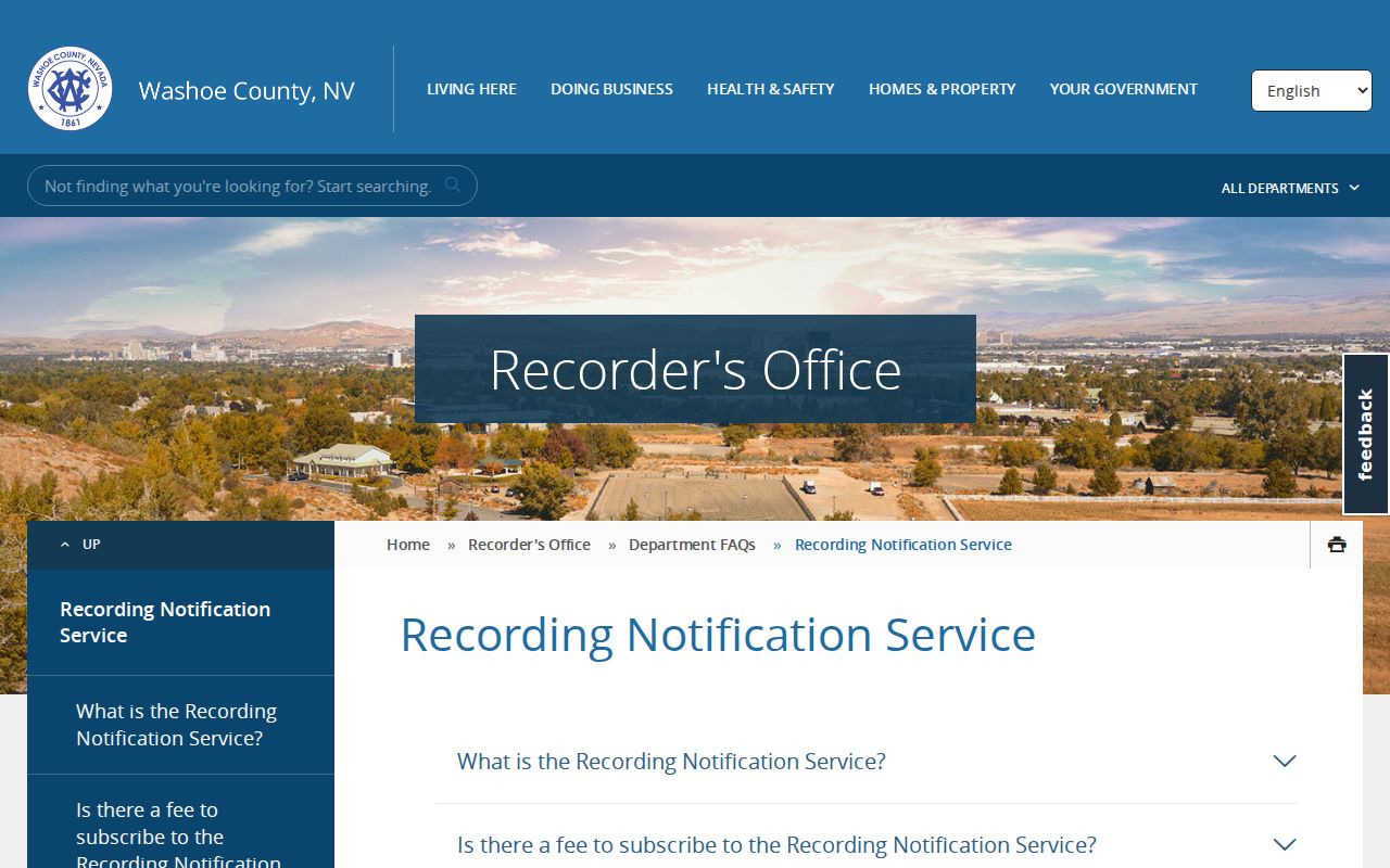 Washoe County residents directory Recording Notification Service page