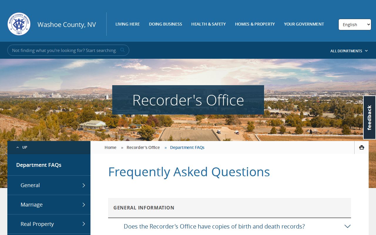 Washoe County previous residents Recorder FAQ for deed index searching