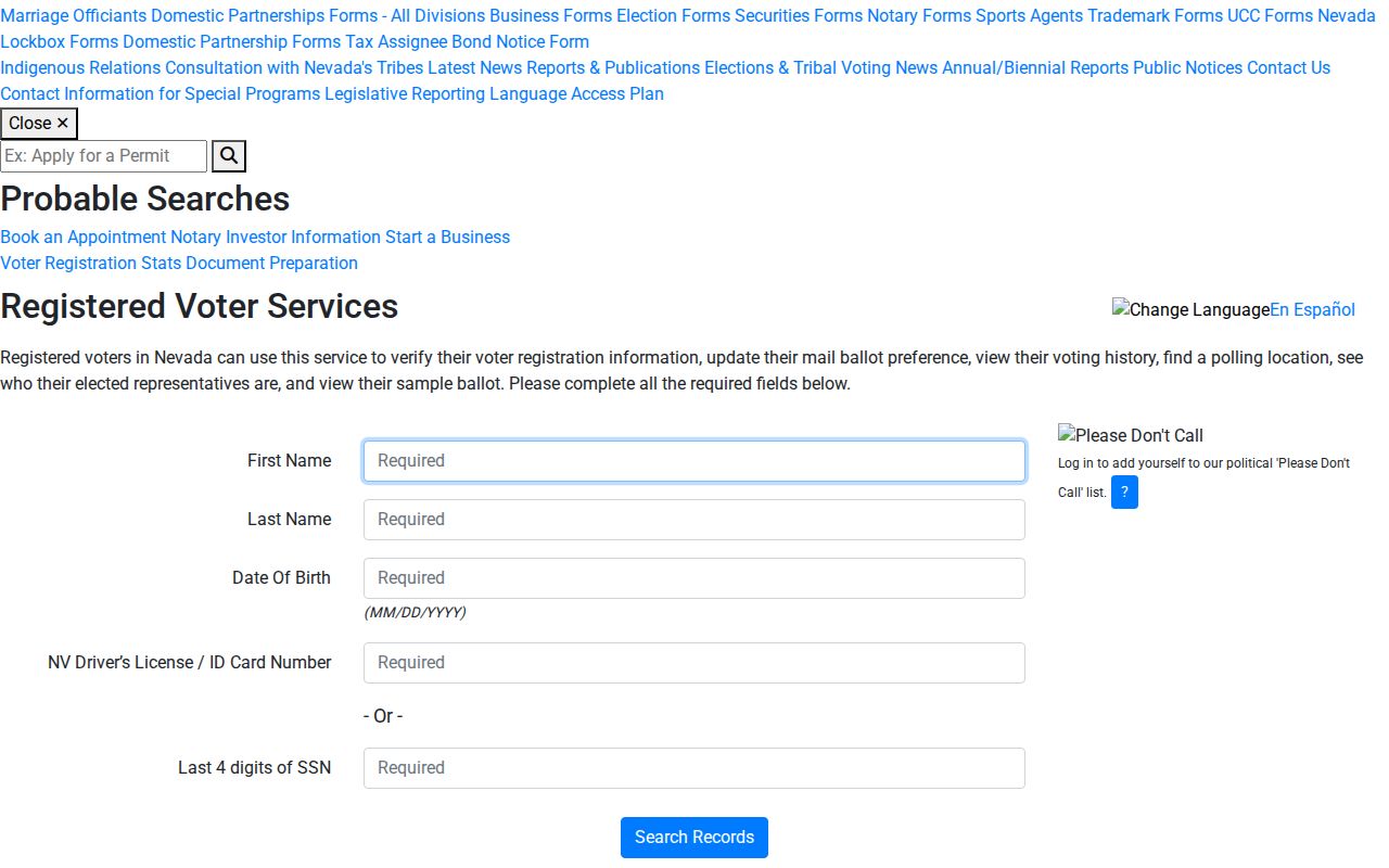 Washoe County resident lookup Nevada voter search fields