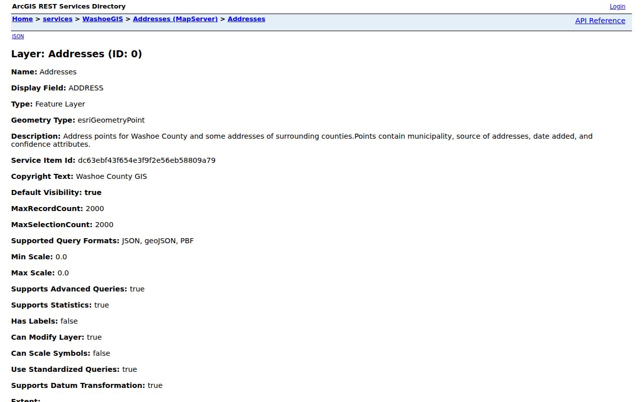 Washoe County street directory address-point GIS layer