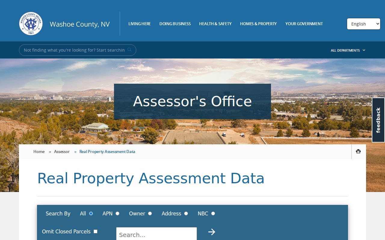 Washoe County street directory Assessor CAMA search screen
