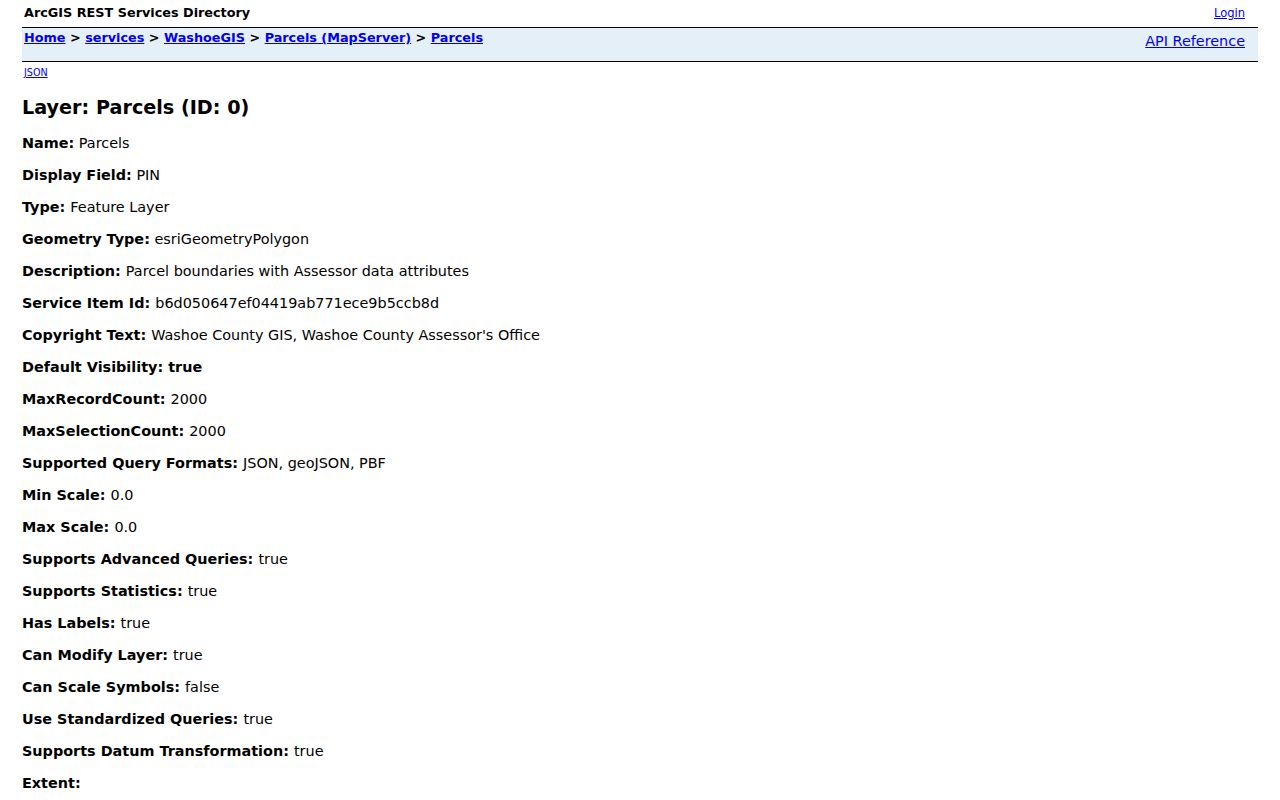 Washoe County street directory parcel GIS field layer