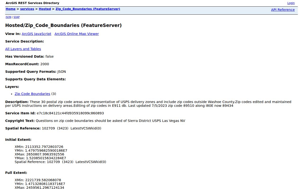 Washoe County ZIP Code Directory boundary service